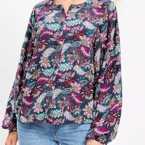 LOFT Teal and Magenta Paisley Button-Front Blouse